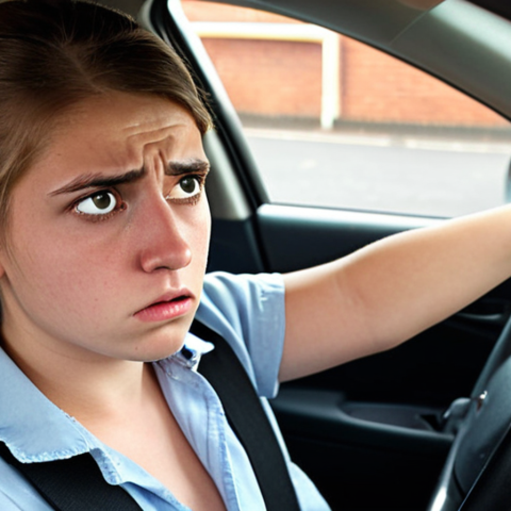 **

A nervous young person taking a driving test, visibly stressed. Focus on capturing the anxiety and pressure of the situation. Include details like the driving instructor looking stern and the dashboard showing the speedometer.

**