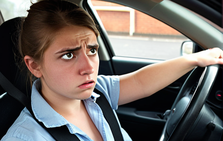 **

A nervous young person taking a driving test, visibly stressed. Focus on capturing the anxiety and pressure of the situation. Include details like the driving instructor looking stern and the dashboard showing the speedometer.

**