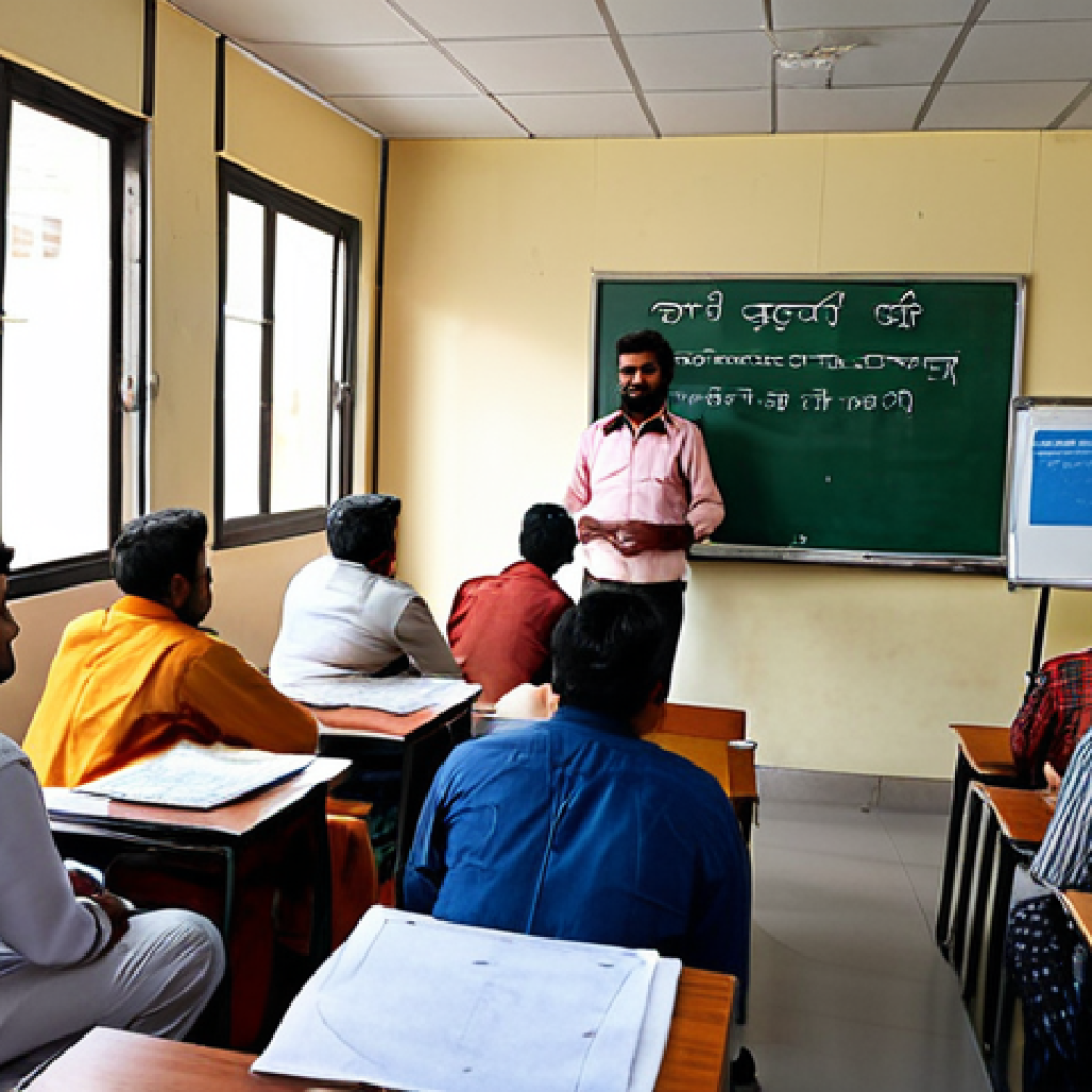 **

A diverse group of people attending a Road Transport Safety Certification course. The setting is a classroom with a whiteboard showing traffic signs and safety tips written in Devanagari script (Hindi). The atmosphere is engaging and informative.

**