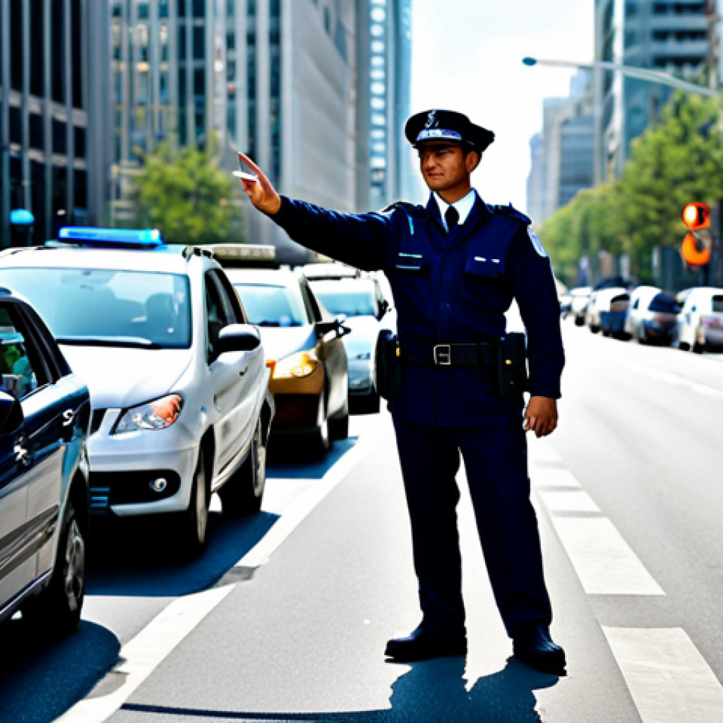 A professional male traffic officer in a crisp, dark blue uniform, standing confidently at a bustling urban intersection during the day. He is fully clothed in appropriate attire, courteously directing vehicle traffic and pedestrians with clear, precise hand gestures. The background features modern city buildings, orderly cars, and a smart traffic light system. The scene emphasizes efficiency and community interaction under a clear sky. High-resolution, sharp focus, natural lighting, perfect anatomy, correct proportions, well-formed hands, proper finger count, natural body proportions, professional photography, safe for work, appropriate content, modest, family-friendly.