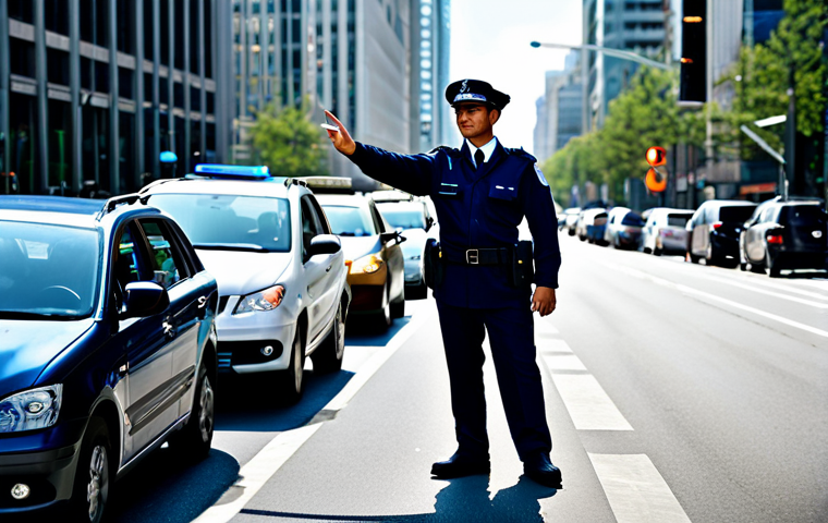 A professional male traffic officer in a crisp, dark blue uniform, standing confidently at a bustling urban intersection during the day. He is fully clothed in appropriate attire, courteously directing vehicle traffic and pedestrians with clear, precise hand gestures. The background features modern city buildings, orderly cars, and a smart traffic light system. The scene emphasizes efficiency and community interaction under a clear sky. High-resolution, sharp focus, natural lighting, perfect anatomy, correct proportions, well-formed hands, proper finger count, natural body proportions, professional photography, safe for work, appropriate content, modest, family-friendly.