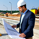 **

"A professional project engineer, fully clothed in appropriate office attire, reviewing blueprints at a construction site. Background includes road construction equipment and a partially built bridge. Safe for work, perfect anatomy, natural pose, professional, family-friendly, high quality."

**