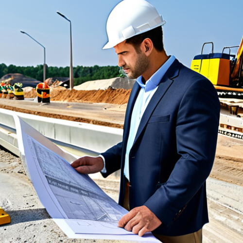 **

"A professional project engineer, fully clothed in appropriate office attire, reviewing blueprints at a construction site. Background includes road construction equipment and a partially built bridge. Safe for work, perfect anatomy, natural pose, professional, family-friendly, high quality."

**