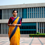 **

"A professional woman in a modest sari, standing in front of a modern government building in Delhi, fully clothed, appropriate attire, safe for work, perfect anatomy, natural proportions, professional photography, high quality, family-friendly."

**