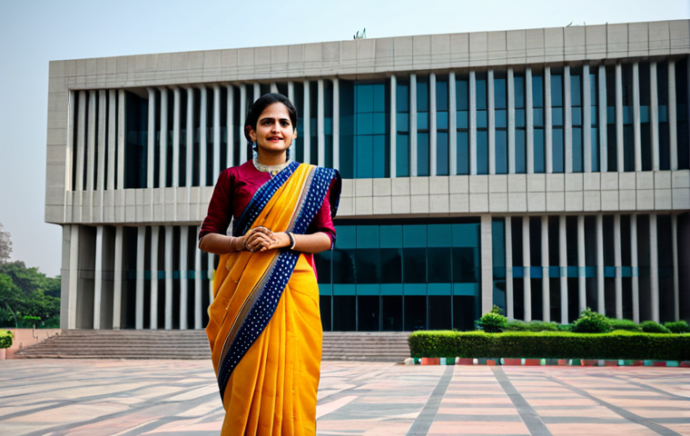 **

"A professional woman in a modest sari, standing in front of a modern government building in Delhi, fully clothed, appropriate attire, safe for work, perfect anatomy, natural proportions, professional photography, high quality, family-friendly."

**
