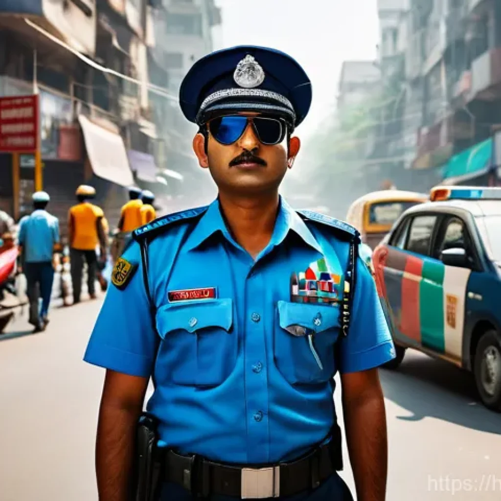도로교통사 직무의 직업 만족도 - **Prompt:** A highly detailed, realistic photograph of a dedicated Indian traffic police officer, ge...