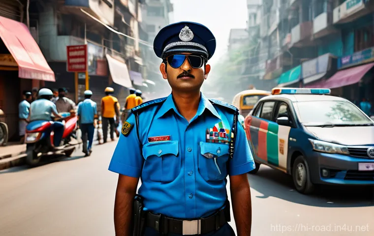 도로교통사 직무의 직업 만족도 - **Prompt:** A highly detailed, realistic photograph of a dedicated Indian traffic police officer, ge...