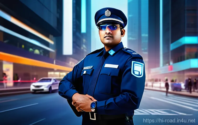 도로교통사 직무의 미래 전망 - **Prompt 1: Futuristic Traffic Officer with Smart Gadgets**
"A male Indian traffic police office...