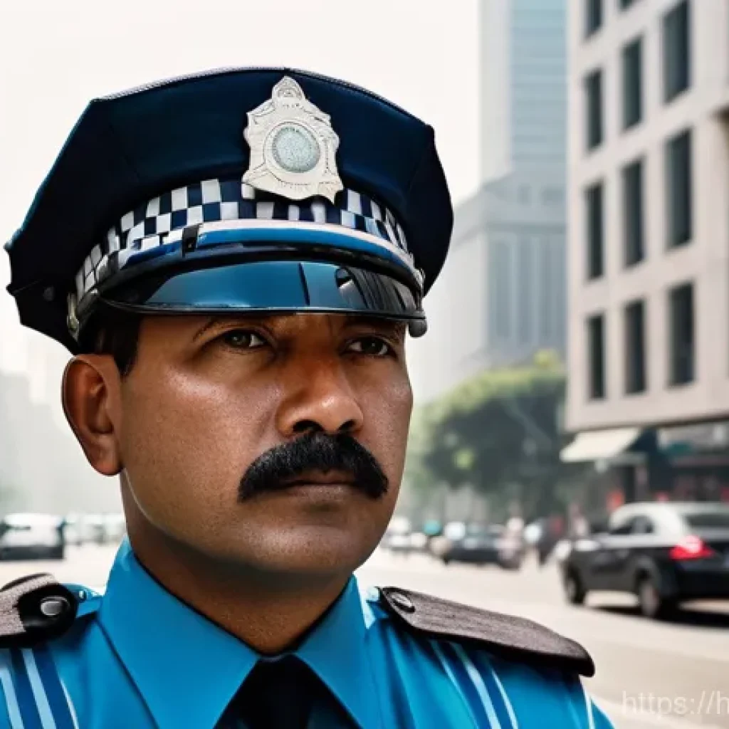 도로교통사 직무 스트레스 해소법 - **A male traffic police officer, mid-40s, stands stoically at a bustling urban intersection during a...