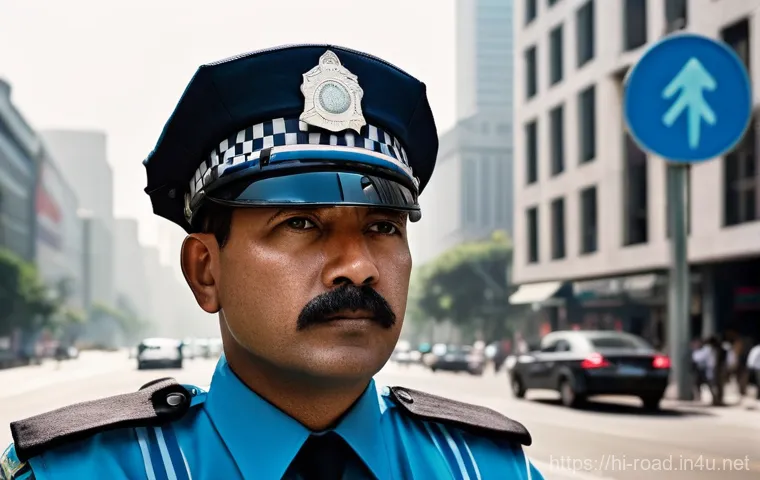 도로교통사 직무 스트레스 해소법 - **A male traffic police officer, mid-40s, stands stoically at a bustling urban intersection during a...