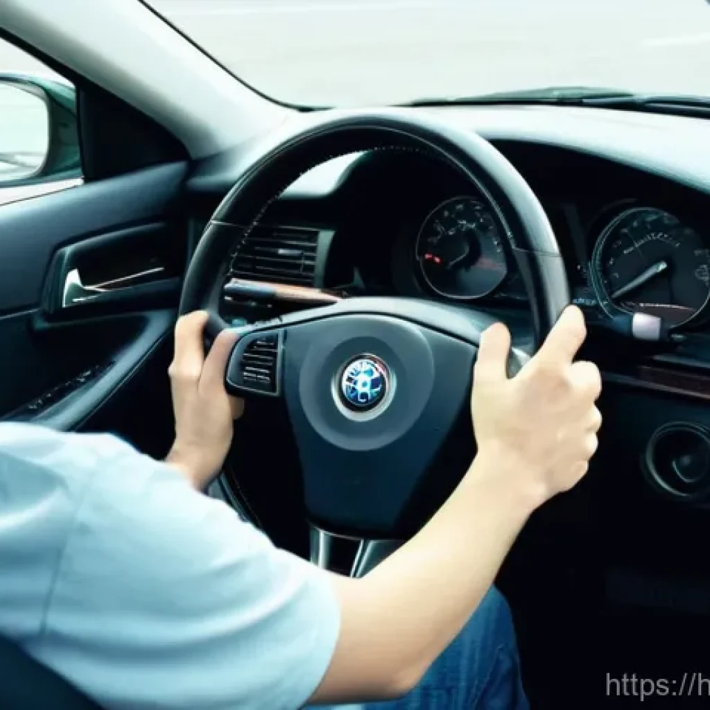 도로교통사 실습 과정에서 자주 겪는 문제 - **A focused individual, appearing to be in their late 20s to early 30s, inside a car during a drivin...