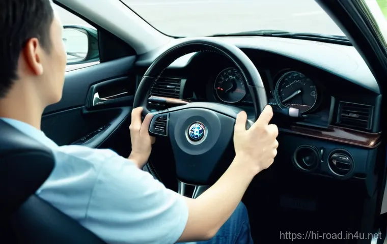 도로교통사 실습 과정에서 자주 겪는 문제 - **A focused individual, appearing to be in their late 20s to early 30s, inside a car during a drivin...