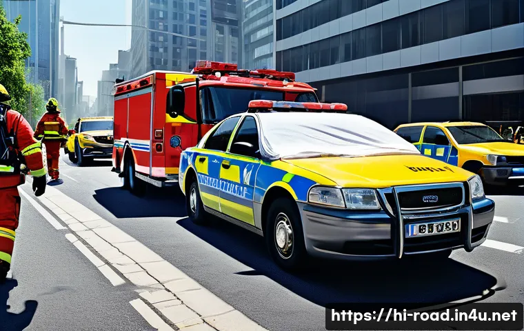 도로교통사 실무에서의 팀워크 중요성 - **Prompt 1: Emergency Response Team Collaboration**
    A dynamic scene depicting a multi-agency eme...