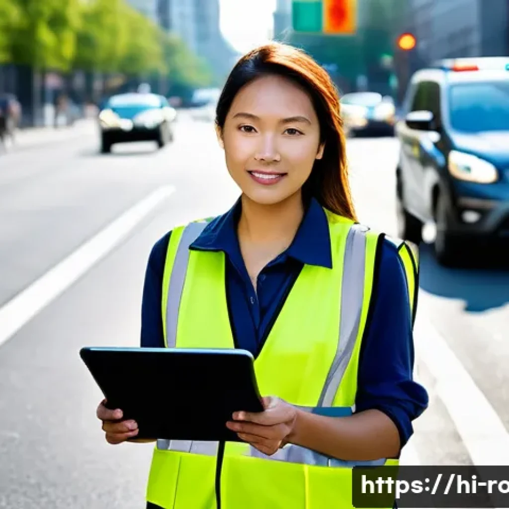 도로교통사 경력직으로의 성공적인 전환 - **Prompt 1: A dedicated road traffic specialist, a young woman in her late 20s, with a confident and...