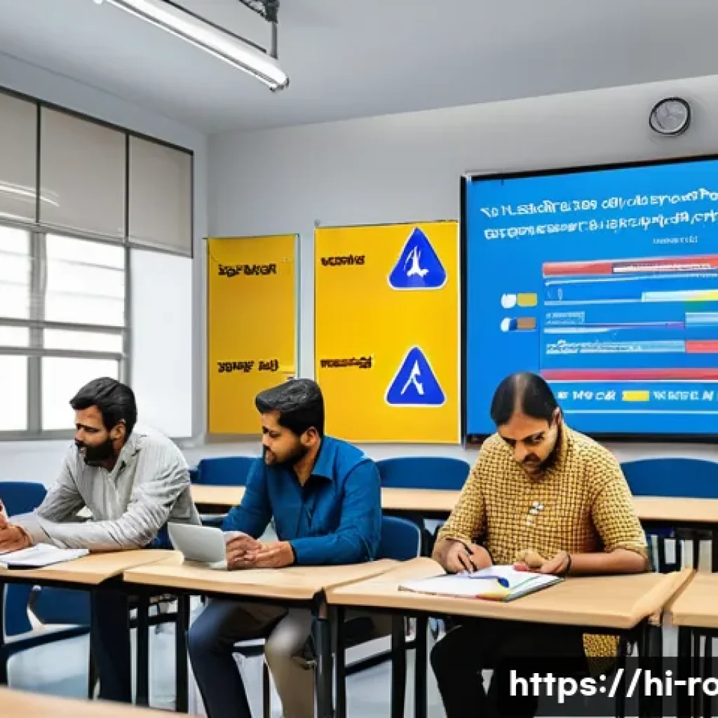 도로교통사 시험 합격 꿀팁 모음 - A detailed, educational scene showing a diverse group of Hindi-speaking adults attentively studying ...