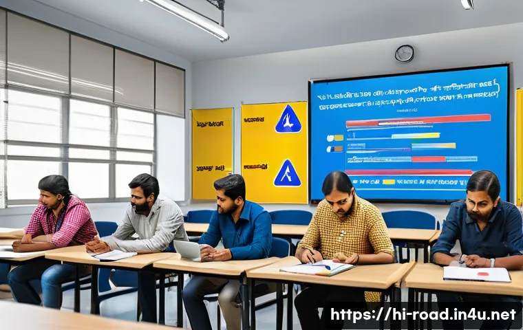 도로교통사 시험 합격 꿀팁 모음 - A detailed, educational scene showing a diverse group of Hindi-speaking adults attentively studying ...