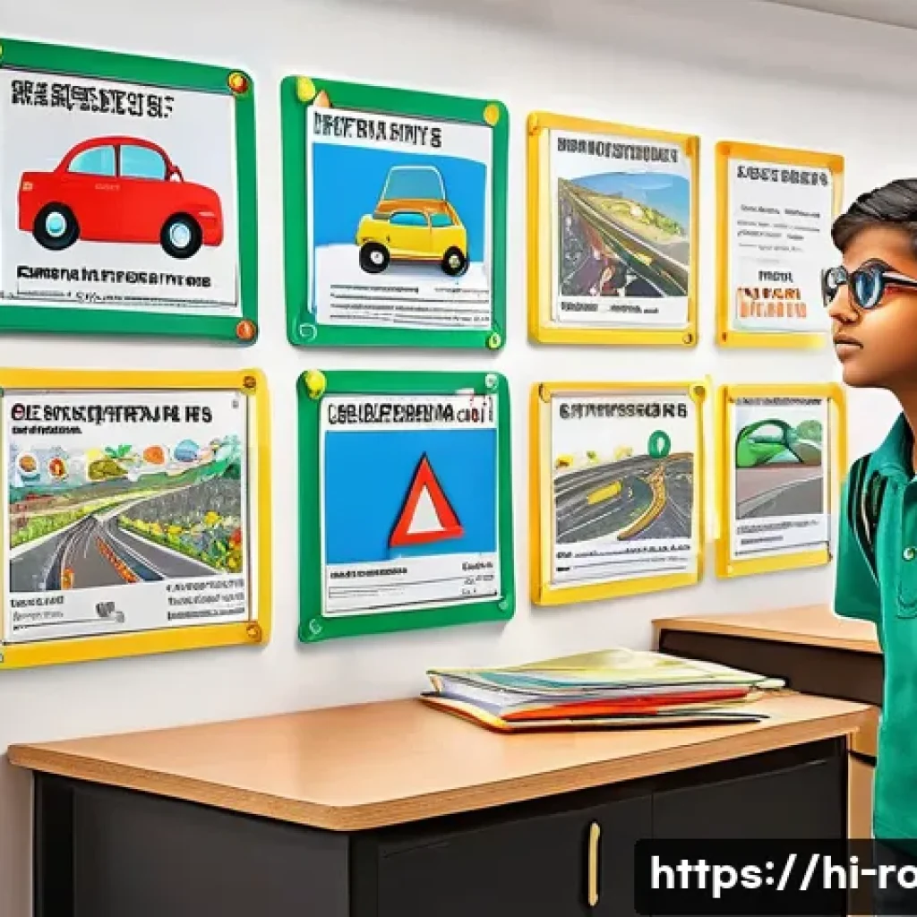 도로교통사 시험 과목별 최적의 학습 방법 - A vibrant educational scene showing a young Indian student visualizing road traffic rules using colo...