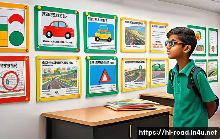 도로교통사 시험 과목별 최적의 학습 방법 - A vibrant educational scene showing a young Indian student visualizing road traffic rules using colo...