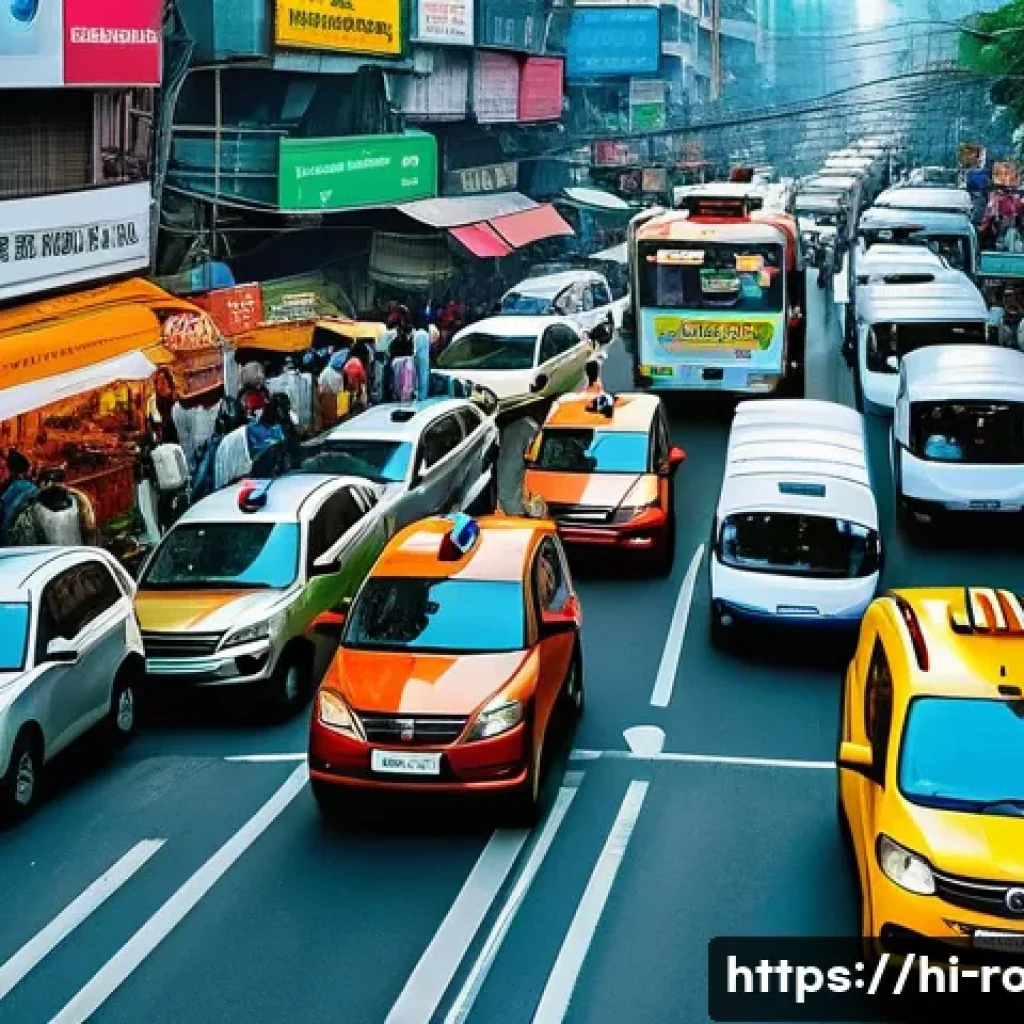 도로교통사와 관련된 교통 정책 - A bustling Indian city street scene featuring modern smart traffic signals with digital sensors and ...