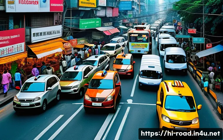 도로교통사와 관련된 교통 정책 - A bustling Indian city street scene featuring modern smart traffic signals with digital sensors and ...