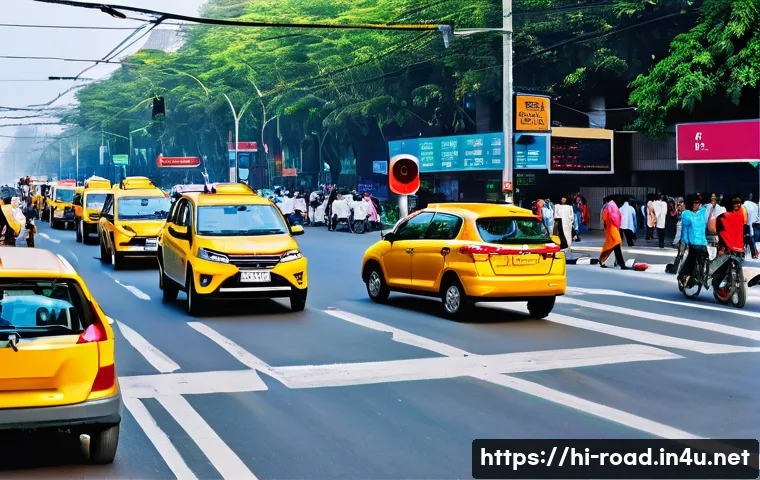 도로교통사 직무에서의 성공 사례 - A busy Indian city street scene showcasing a digital traffic management system in action: smart traf...