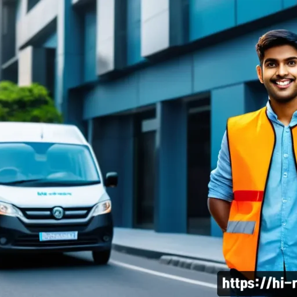 도로교통사 자격증 취득 후의 직업 선택 전략 - A confident young Indian man holding a driving license, standing next to a modern delivery van brand...