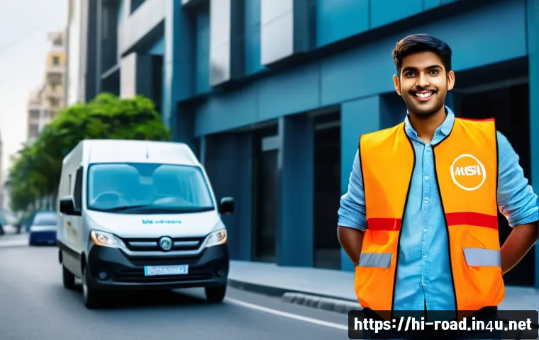 도로교통사 자격증 취득 후의 직업 선택 전략 - A confident young Indian man holding a driving license, standing next to a modern delivery van brand...