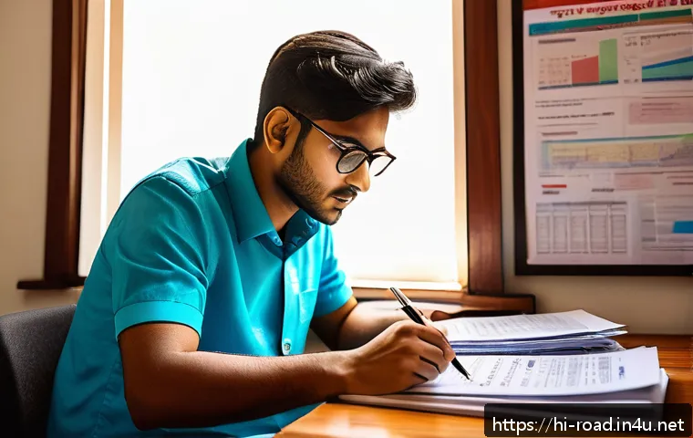 도로교통사 필기시험 합격률 높이는 법 - A focused Indian young man studying official government-issued traffic rulebooks at a wooden desk, s...