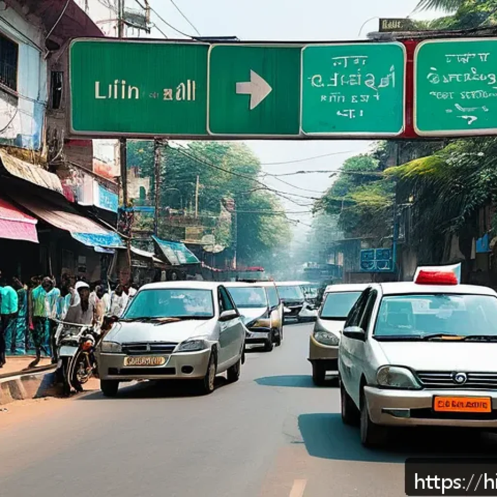 도로교통사 자격증 시험 과목 정리 - A detailed, vibrant street scene in an Indian city featuring diverse traffic signs in Devanagari scr...