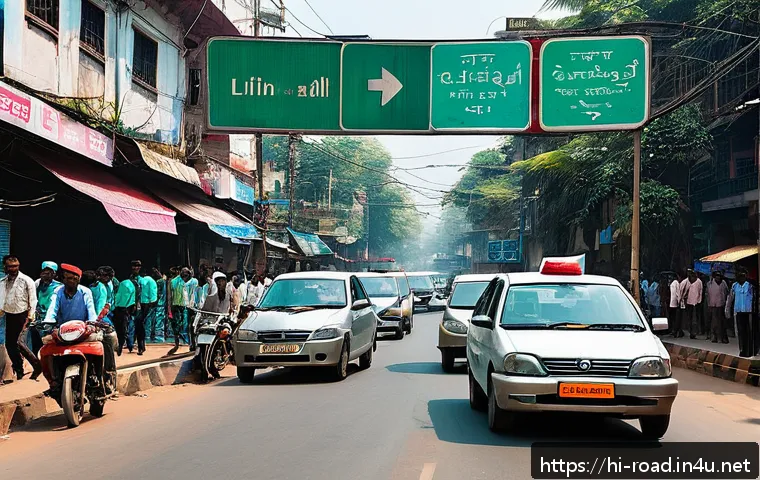 도로교통사 자격증 시험 과목 정리 - A detailed, vibrant street scene in an Indian city featuring diverse traffic signs in Devanagari scr...
