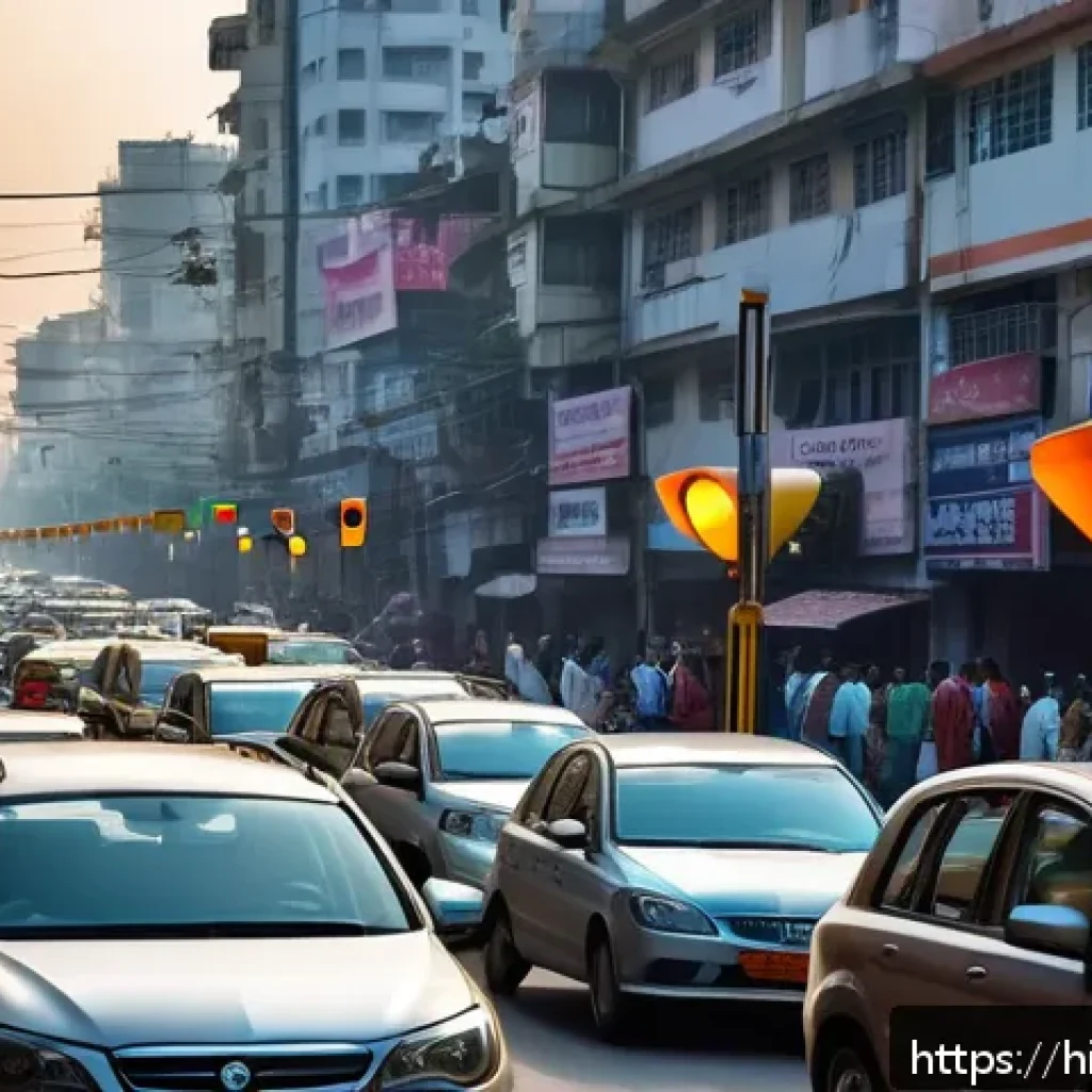 도로교통사 실무에서의 문제 해결 사례 - A busy Indian urban street scene at dusk featuring a smart traffic system with glowing smart traffic...