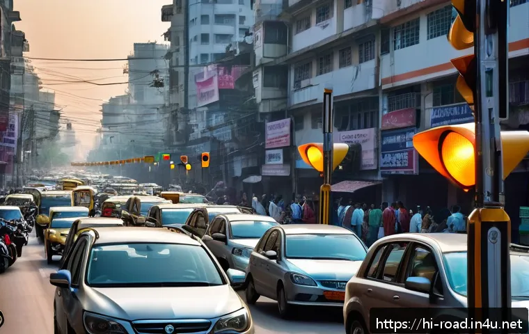 도로교통사 실무에서의 문제 해결 사례 - A busy Indian urban street scene at dusk featuring a smart traffic system with glowing smart traffic...