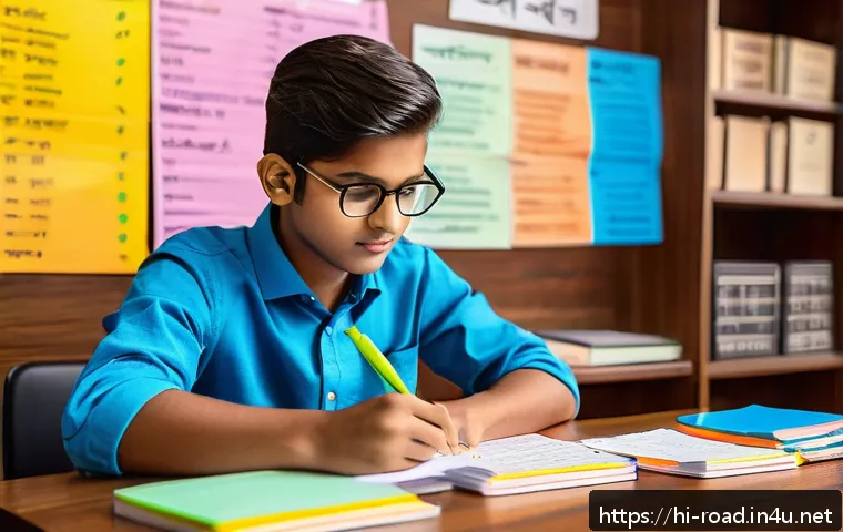 도로교통사 필기시험 대비 암기법 - A focused study scene showing a young Indian student with neatly organized smart notes written in Hi...