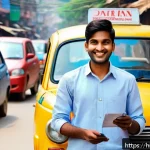 도로교통사 자격증을 활용한 직업 변화 사례 - A young Indian man wearing casual clothes and a neat uniform with a visible driving license badge, s...
