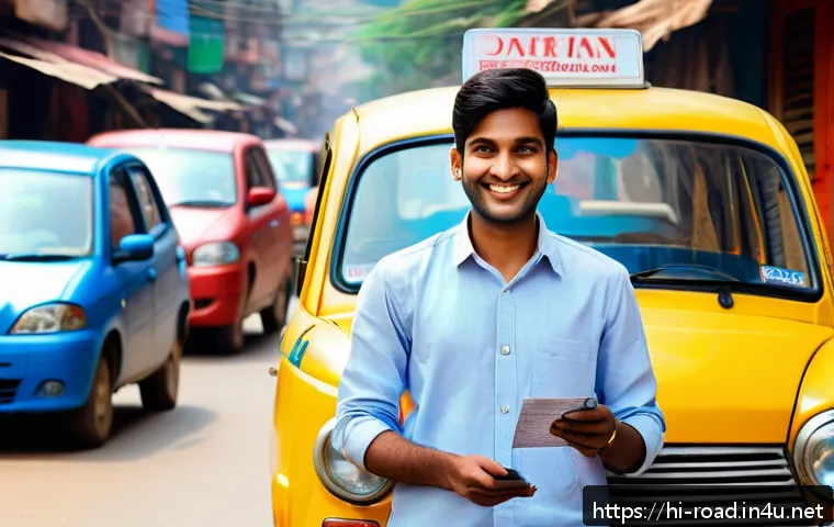도로교통사 자격증을 활용한 직업 변화 사례 - A young Indian man wearing casual clothes and a neat uniform with a visible driving license badge, s...