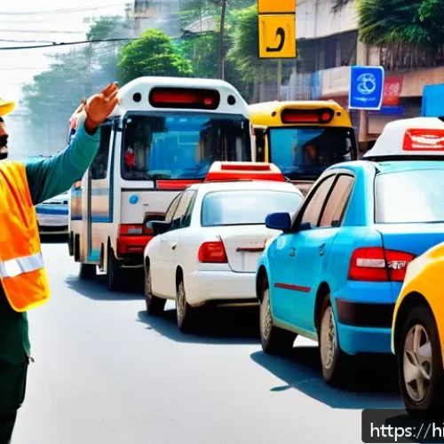 도로교통사와 교통관리사 차이 - A detailed street scene in an Indian urban setting showing a traffic controller actively directing v...