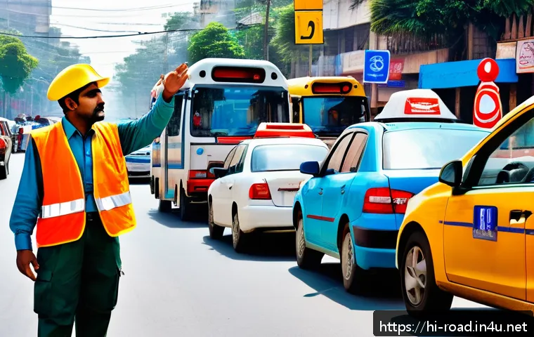도로교통사와 교통관리사 차이 - A detailed street scene in an Indian urban setting showing a traffic controller actively directing v...