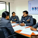 도로교통사 경력직 연봉 상승 사례 - A professional office scene showing a group of Indian road transport officers in formal attire, disc...