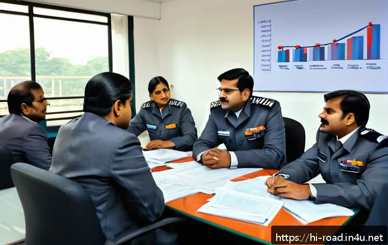 도로교통사 경력직 연봉 상승 사례 - A professional office scene showing a group of Indian road transport officers in formal attire, disc...