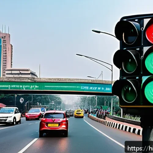 도로교통사와 관련된 법규 해설 - A busy Indian urban street scene featuring smart traffic lights equipped with sensors and cameras ma...