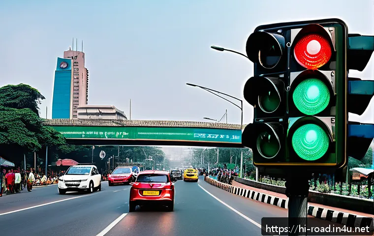 도로교통사와 관련된 법규 해설 - A busy Indian urban street scene featuring smart traffic lights equipped with sensors and cameras ma...