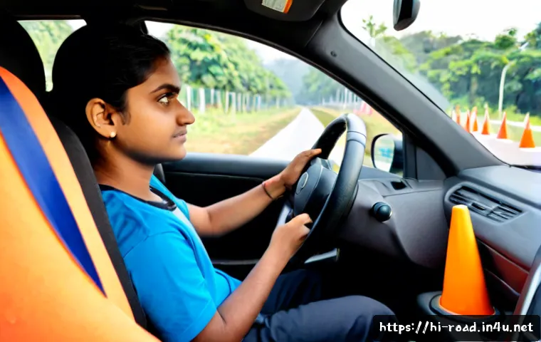 Home 13 도로교통사 실기시험 준비에서 실수 줄이기 - Photorealistic driving practical test preparation in India, a focused young adult learner seated in ...