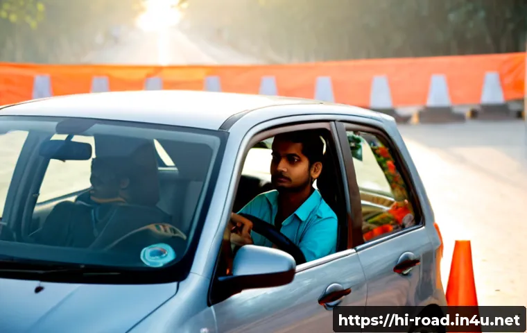 도로교통사 실습 과정에서 필요한 기술 - Photorealistic driving school practice session in India, a focused adult learner wearing a seatbelt ...