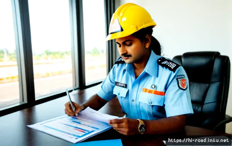 도로교통사 연봉 상향 사례 - Photorealistic Indian road traffic safety officer in a neat reflective uniform reviewing a salary gr...