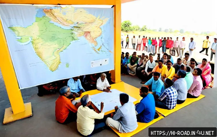 도로교통사와 관련된 커뮤니티 참여 - Photorealistic community road-safety meeting in an Indian neighborhood hall, diverse Hindi-speaking ...