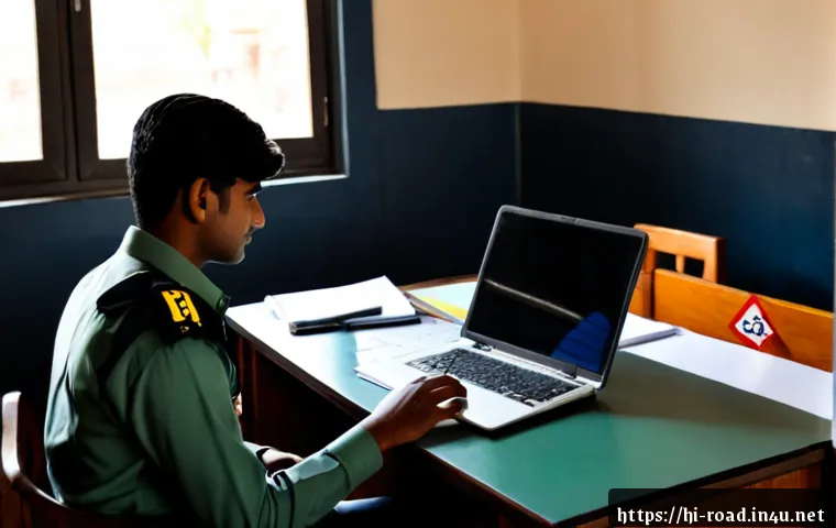 Home 30 도로교통사 자격증을 위한 필수 학습 앱 - Photorealistic Indian young adult preparing for a road traffic officer qualification exam, seated at...