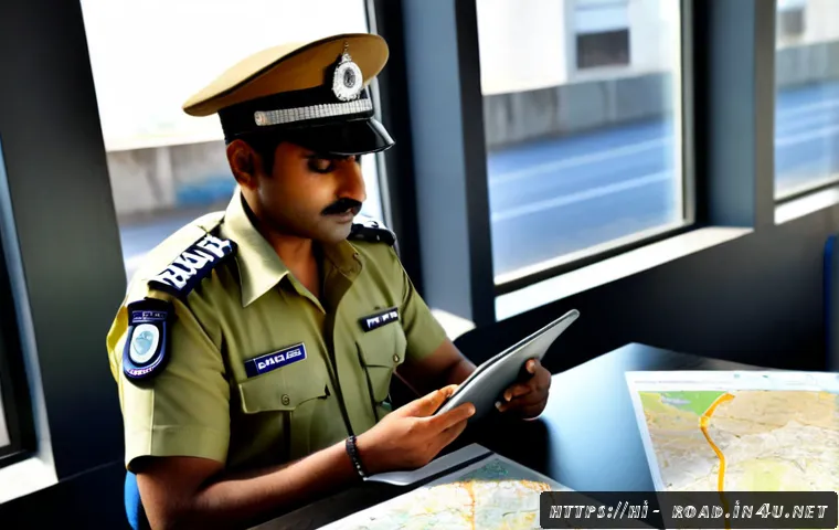 Home 17 도로교통사 경력 개발을 위한 필수 사항 - Photorealistic Indian traffic police officer in a neat khaki uniform studying road safety maps and r...